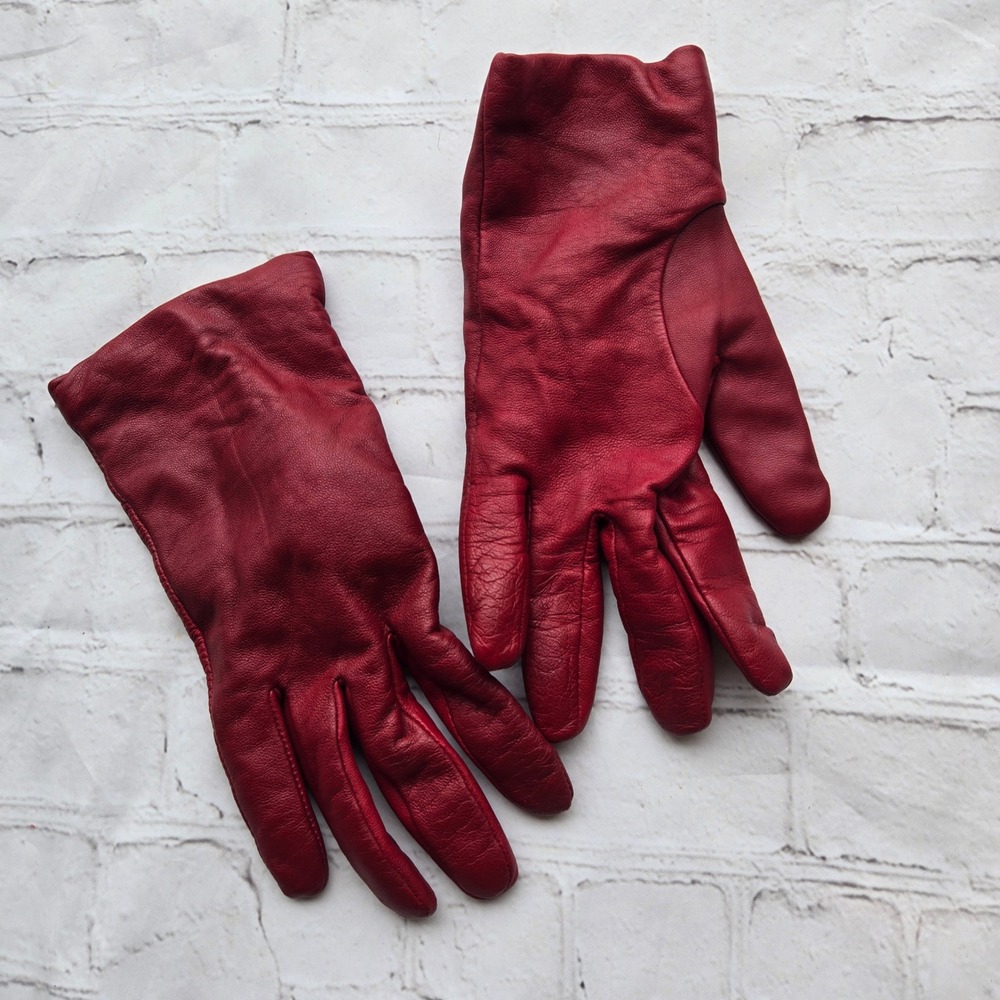 Vintage 80s Fownes Red Leather Gloves Cashmere Lined Size 8.5 Genuine Leather
